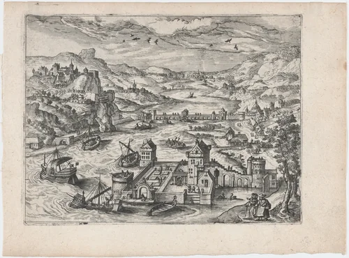 River Valley with a Traveling Couple by Lucas Gassel, print, 1555-1575