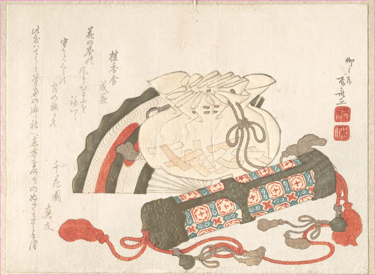 Fan, Bag and Incense-Tube by Ryūryūkyo Shinsai (柳々居辰斎), print, 1800-1899