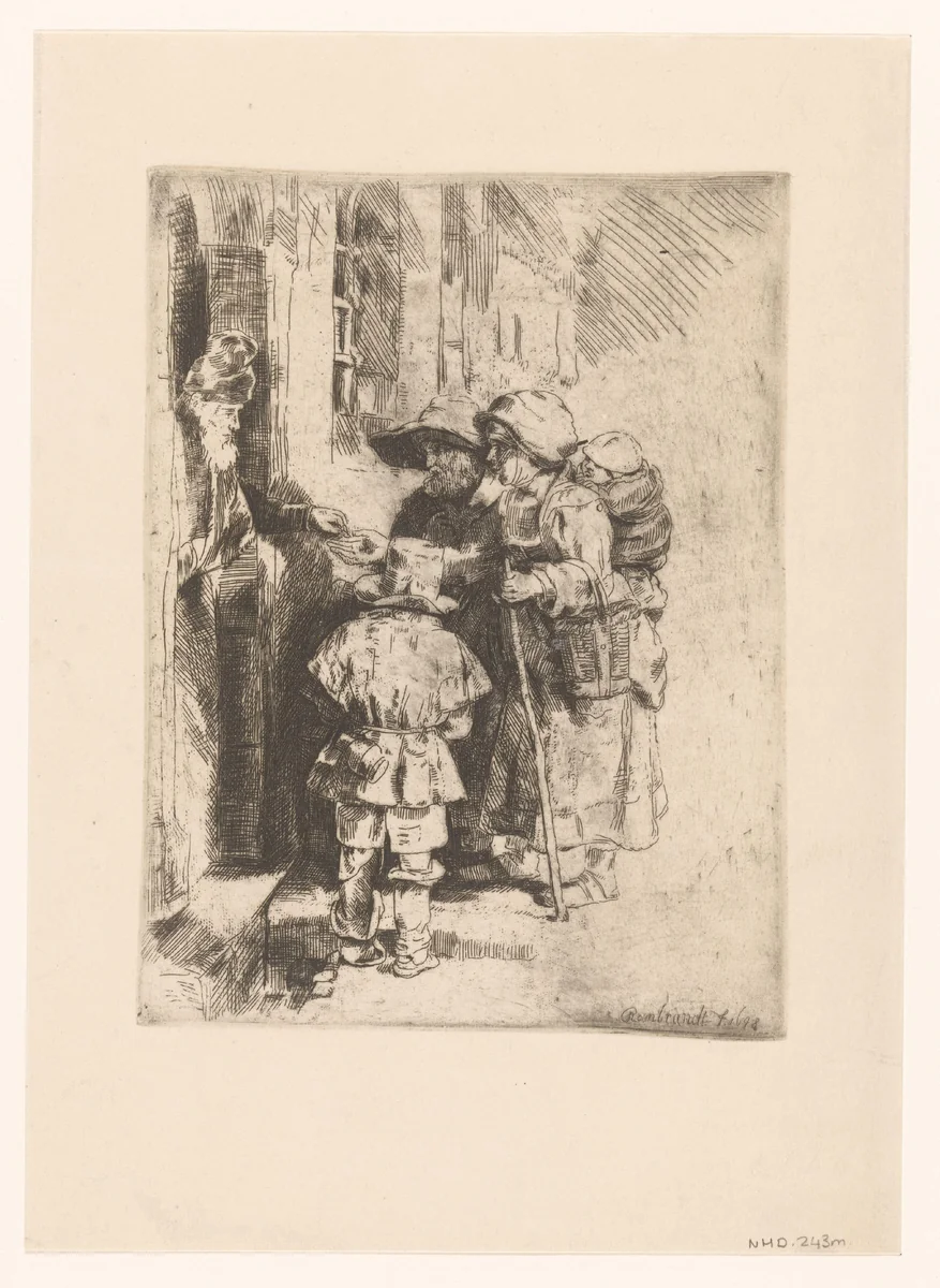 A blind hurdy-gurdy player and family receiving alms by anonymous, print, 1648