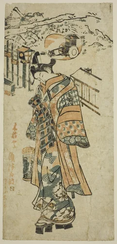Visiting (Kayoi) - a parody of Shosho visiting Komachi by Mangetsudo, print, 1740-1749