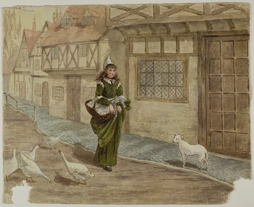 Girl with Eggs and Geese by Kate Greenaway, painting, 1866-1901