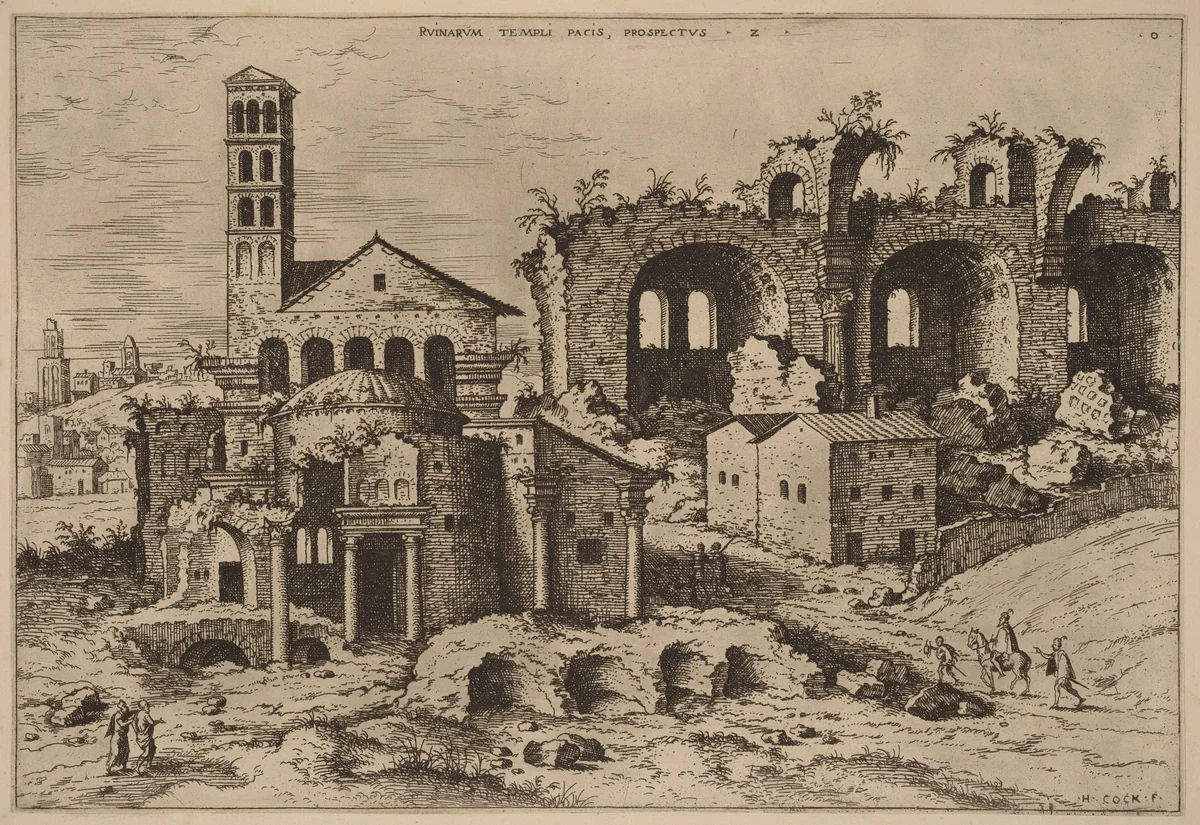 The Temple of Augustus and Faustina, the Temple of Divus Romulus, and the Basilica of Constantine by Hieronymus Cock, print, 1550