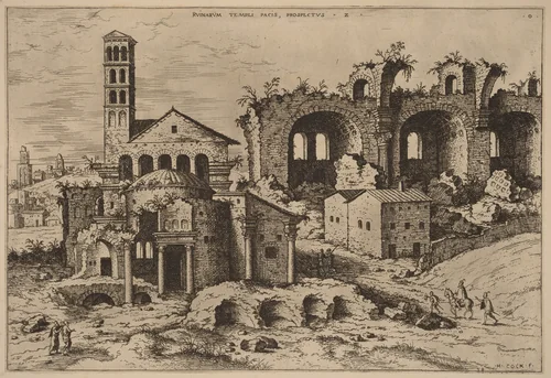The Temple of Augustus and Faustina, the Temple of Divus Romulus, and the Basilica of Constantine by Hieronymus Cock, print, 1550
