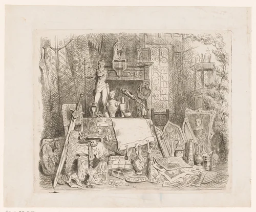 Objecten bij antiquair Verelst by Adolphe Alexandre Dillens, print, 1831-1877