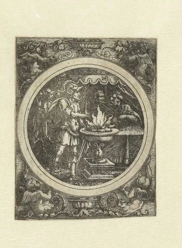 Mucius Scaevola met zijn rechterhand in het vuur by Unknown, print, 1510-1550