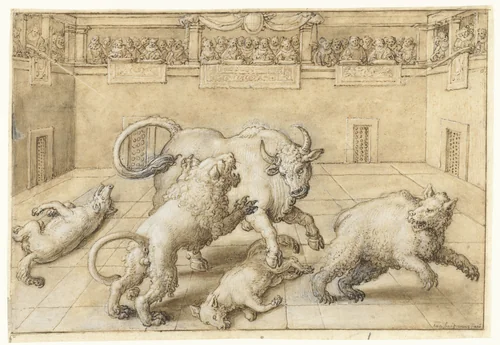 Gevecht in een arena tussen een stier, leeuw, beer en twee wolven by Jan van der Straet, drawing, 1533-1605