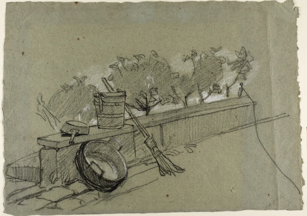 Objects on Wall, study for Couture, The Bird-Catcher by Thomas Couture, drawing, 1852-1862