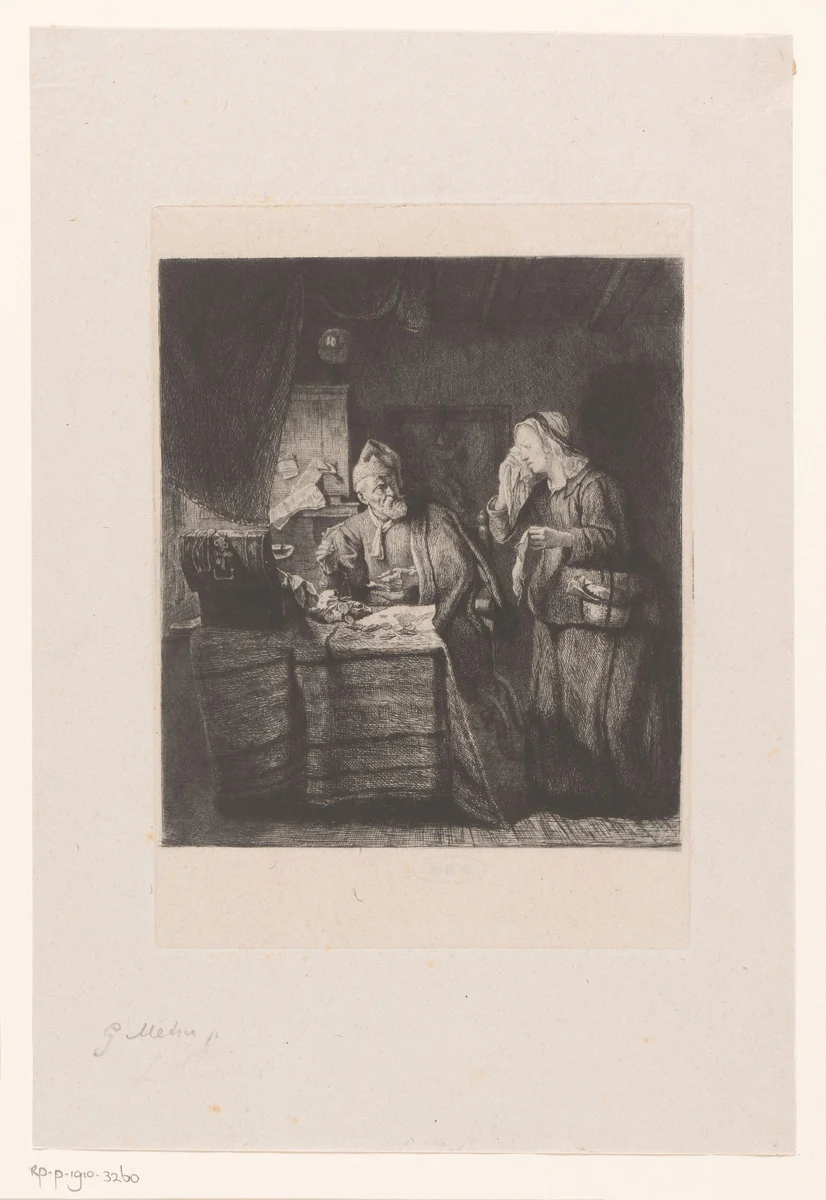Woekeraar en een vrouw in tranen by Léopold Flameng, print, 1841-1887