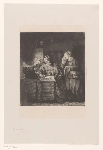 Woekeraar en een vrouw in tranen by Léopold Flameng, print, 1841-1887