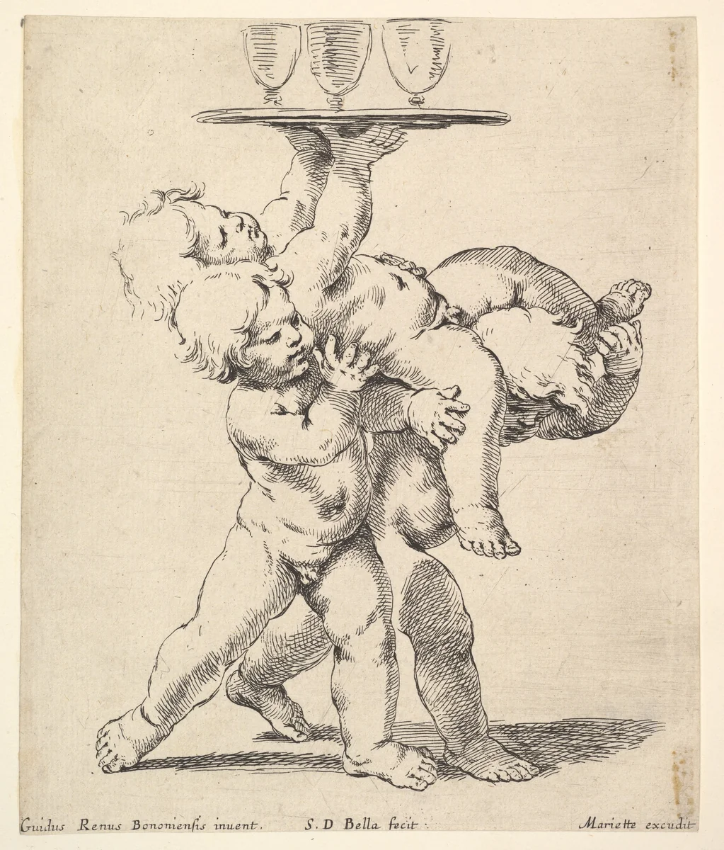 Three children carrying a tray by Stefano della Bella, print, 1638