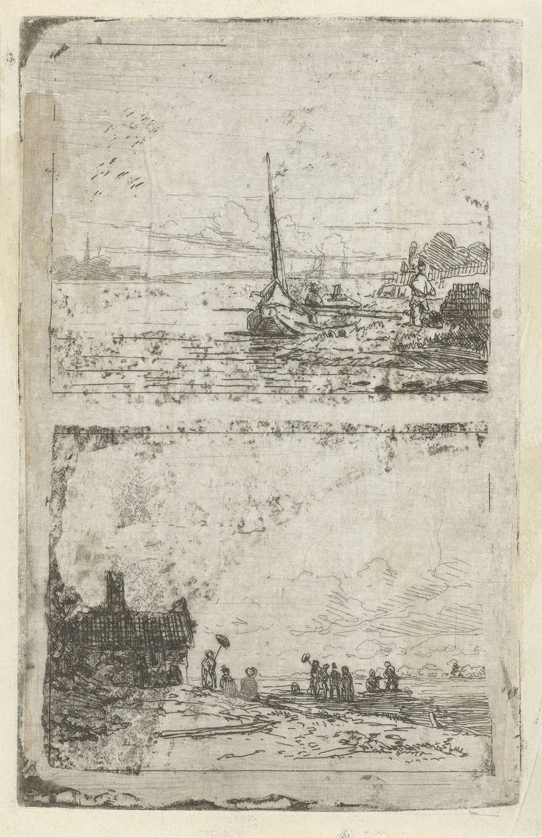 Twee voorstellingen: schip en gezelschap aan een oever by Lambertus Hardenberg, print, 1837-1900