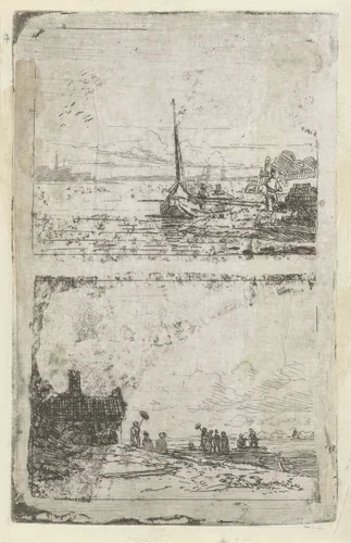 Twee voorstellingen: schip en gezelschap aan een oever by Lambertus Hardenberg, print, 1837-1900