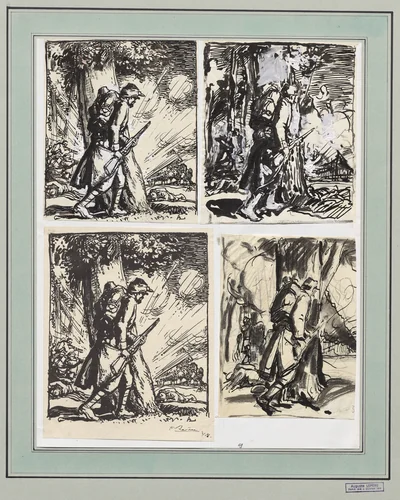 Fantassin à l'abri d'un arbre by Auguste Louis Lepère, drawing, 1914