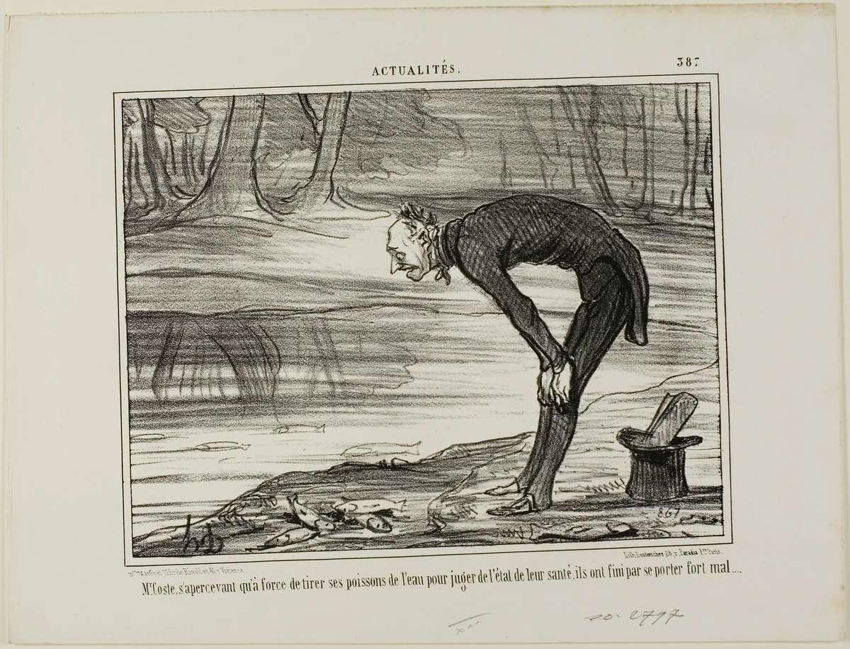 Mr. Coste noticing that the fish he took out of the water in order to analyse their state of health, end up feeling not well at all, plate 387 from Actualités by Honoré-Victorin Daumier, print, 1857