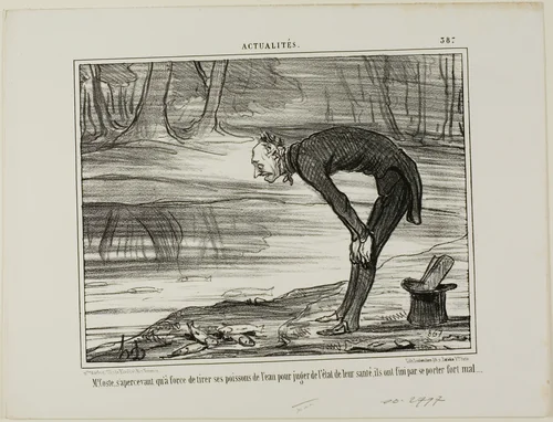 Mr. Coste noticing that the fish he took out of the water in order to analyse their state of health, end up feeling not well at all, plate 387 from Actualités by Honoré-Victorin Daumier, print, 1857
