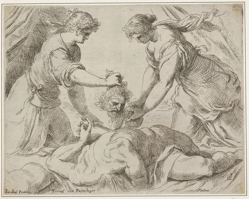 Judith placing the head of Holofernes onto a cloth held by another female figure, the foreshortened body of Holofernes gushes with blood from the neck by Jacopo Palma, print, 1570-1628