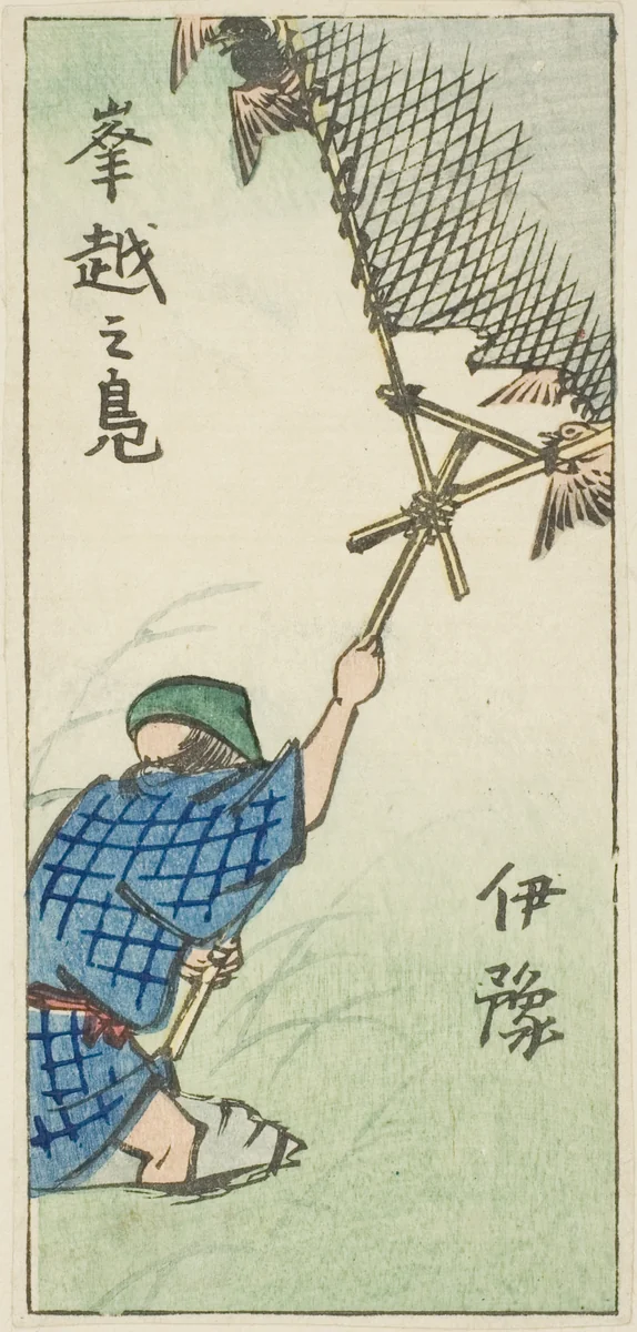 Catching Wild Ducks in Iyo Province (Iyo, okoshi no kamo), section of sheet no. 16 from the series "Cutout Pictures of the Provinces (Kunizukushi harimaze zue)" by Utagawa Hiroshige (歌川広重), print, 1852