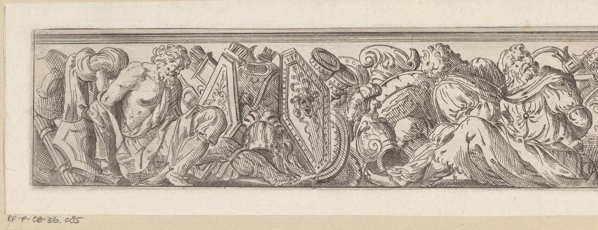 Fries met drie geboeide mannen (krijgsgevangenen of slaafgemaakten) en wapens by Unknown, print, 1583-1638