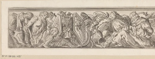 Fries met drie geboeide mannen (krijgsgevangenen of slaafgemaakten) en wapens by Unknown, print, 1583-1638