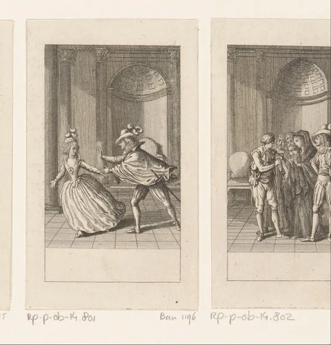 Suzanne bij haar hand gegrepen door de graaf by Daniel Nikolaus Chodowiecki, print, 1785