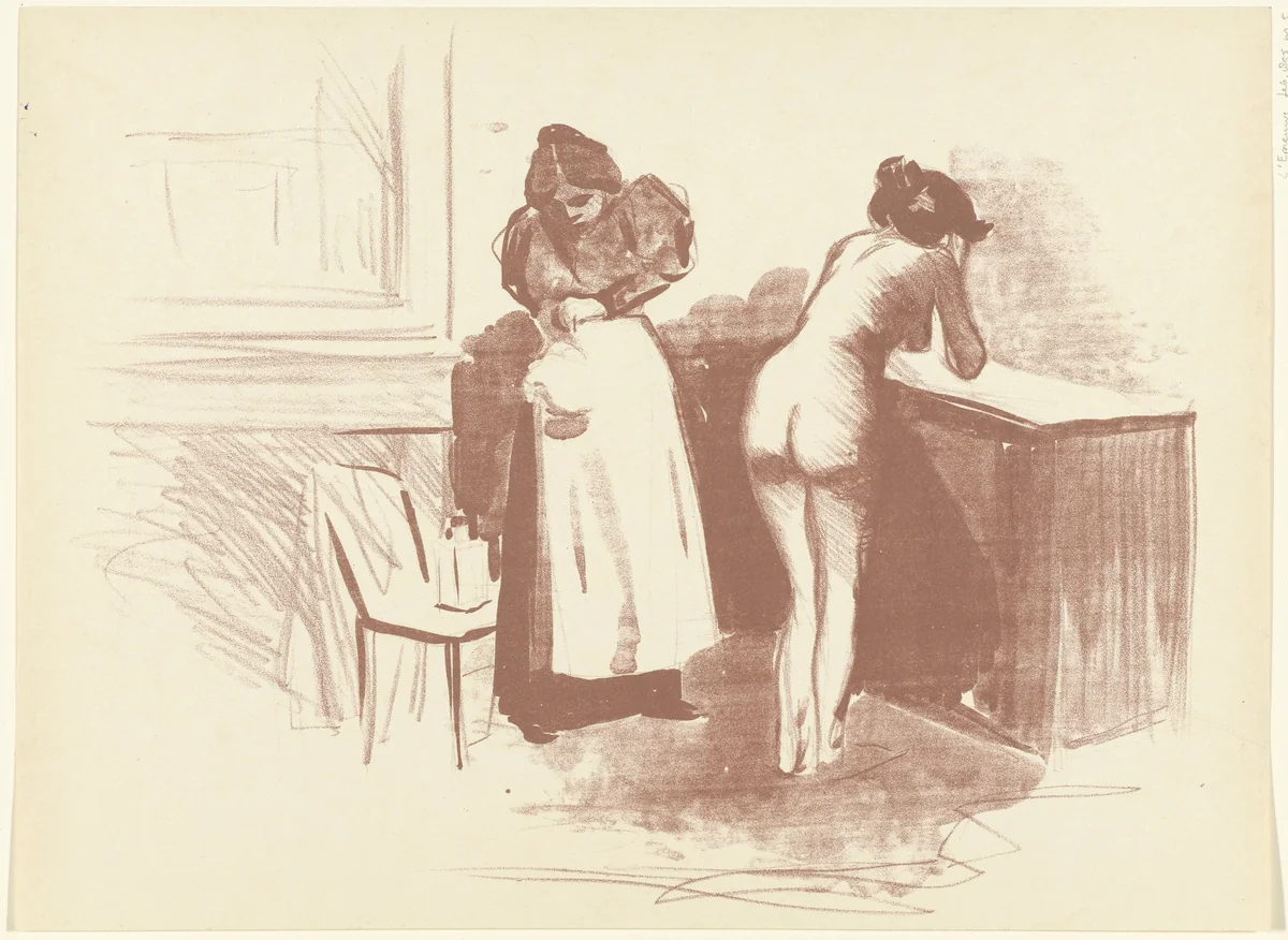 Naakte vrouw wast zich en bediende staat naast haar by Jean-Louis Forain, print, 1893-1895