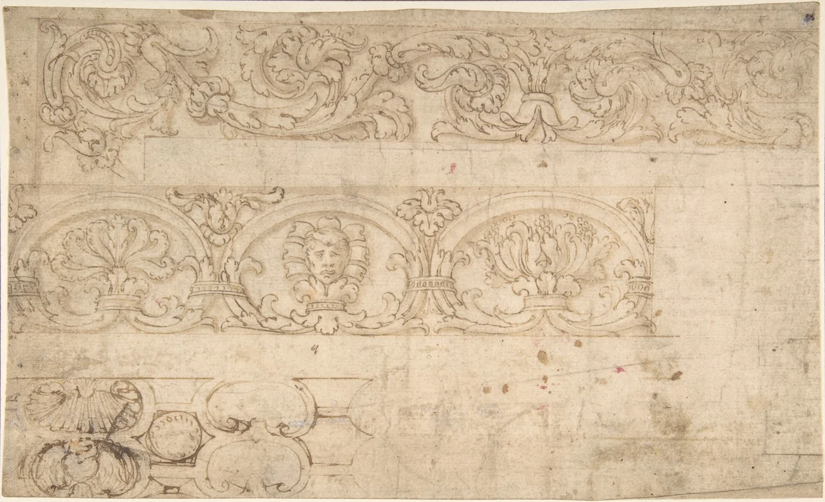 Ornamental Design after the Antique; Bands of Acanthus Rinceaux, Figurated Palmettes, and Shell Cartouches by anonymous, drawing, 1400-1599