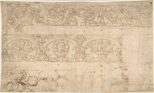 Ornamental Design after the Antique; Bands of Acanthus Rinceaux, Figurated Palmettes, and Shell Cartouches by anonymous, drawing, 1400-1599
