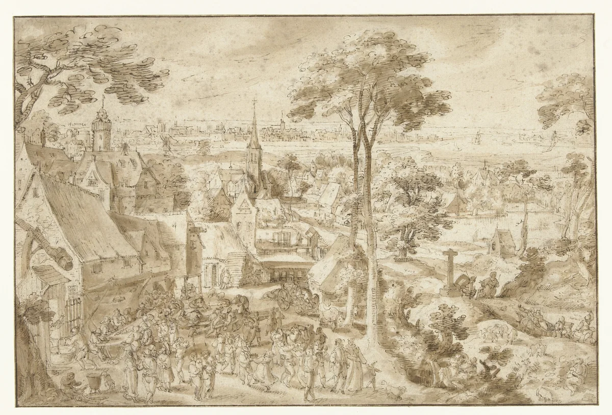 Bruiloftsfeest op een dorpsplein by Jacob Savery, drawing, 1587-1603