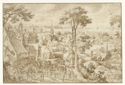 Bruiloftsfeest op een dorpsplein by Jacob Savery, drawing, 1587-1603