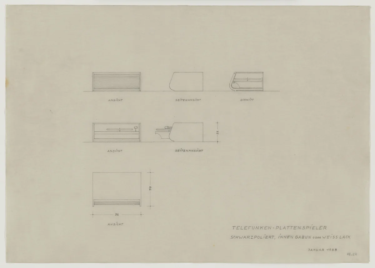 Design for Telefunken Record Player, Elevations, section, and plan by Lilly Reich, mies van der rohe archive, 1938