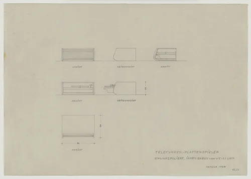 Design for Telefunken Record Player, Elevations, section, and plan by Lilly Reich, mies van der rohe archive, 1938