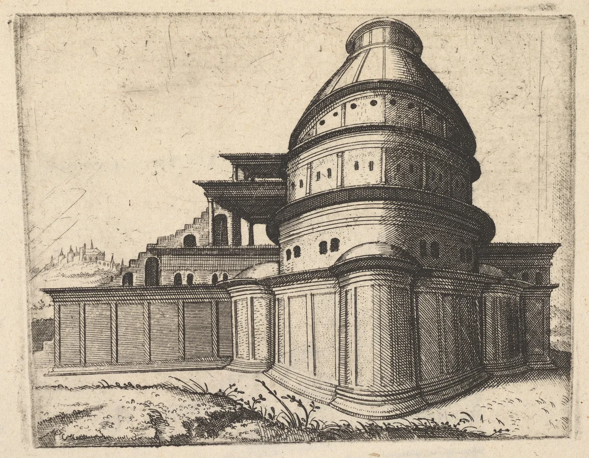 Building [Aerarii Publici Rome] from the series 'Ruinarum variarum fabricarum delineationes pictoribus caeterisque id genus artificibus multum utiles' by Lambert Suavius, book, 1554