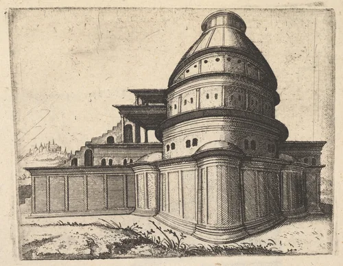 Building [Aerarii Publici Rome] from the series 'Ruinarum variarum fabricarum delineationes pictoribus caeterisque id genus artificibus multum utiles' by Lambert Suavius, book, 1554
