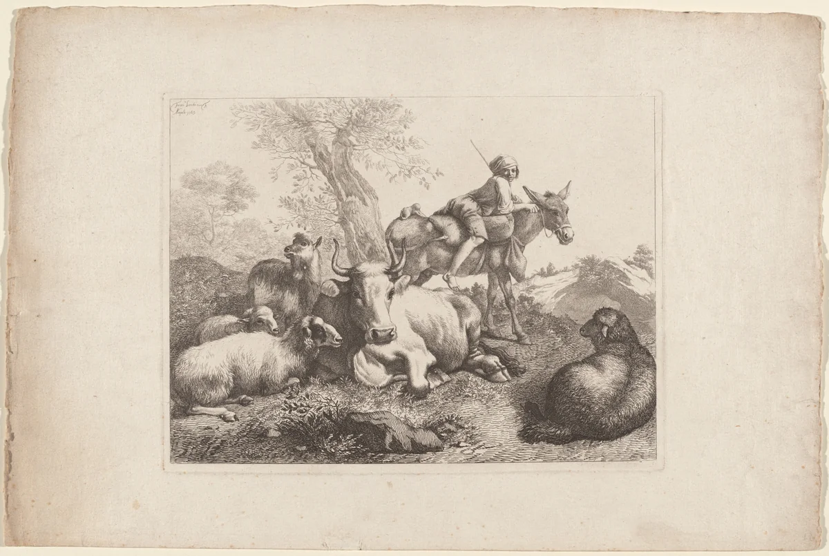 Boy on a Donkey Watching over a Group of Animals by Francesco Londonio, print, 1763