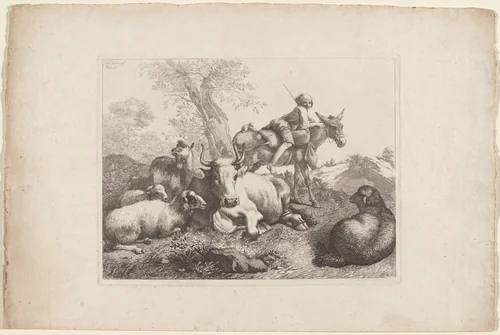 Boy on a Donkey Watching over a Group of Animals by Francesco Londonio, print, 1763