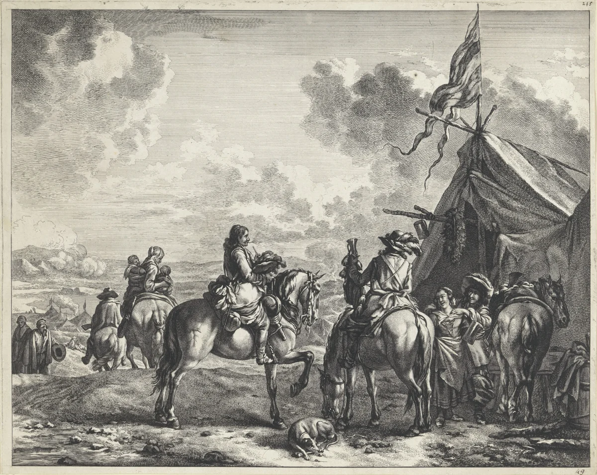 Soldaten bij een tent met vaandel, pul en krans by Jan de Visscher, print, 1643-1692