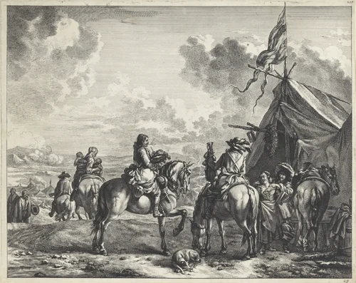 Soldaten bij een tent met vaandel, pul en krans by Jan de Visscher, print, 1643-1692