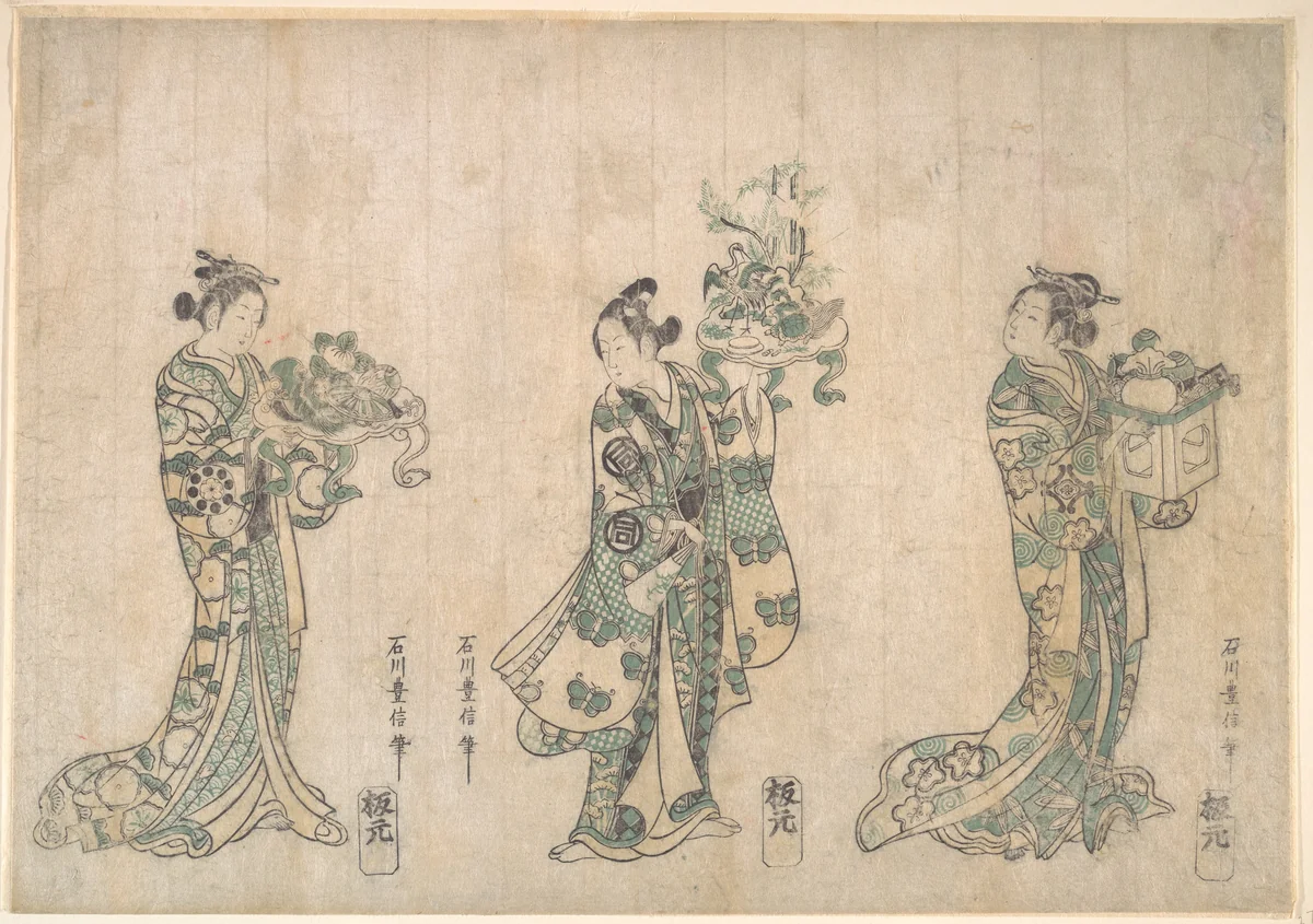 Three Actors by Ishikawa Toyonobu, print, 1750-1751