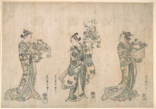 Three Actors by Ishikawa Toyonobu, print, 1750-1751