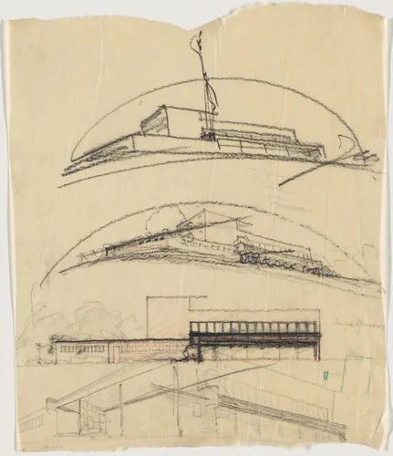 Residence of Salman Schocken, Jerusalem, Israel, Perspective and elevation by Erich Mendelsohn, architecture