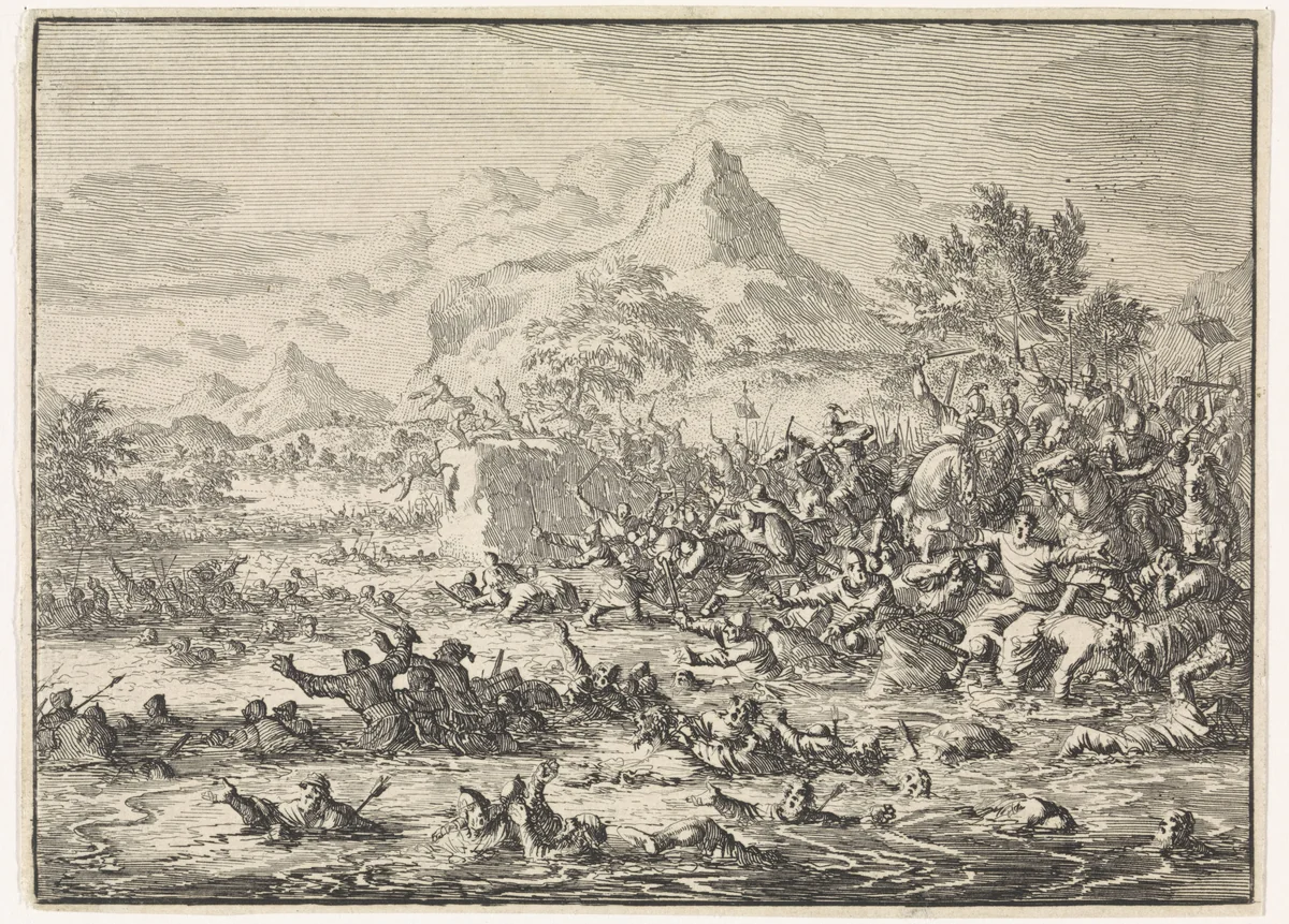 Placidus verslaat de Joden bij de Jordaan en drijft ze in de rivier by Jan Luyken, print, 1704