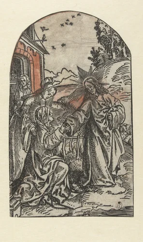 Christus neemt afscheid van zijn moeder by Jacob Cornelisz van Oostsanen, print, 1507