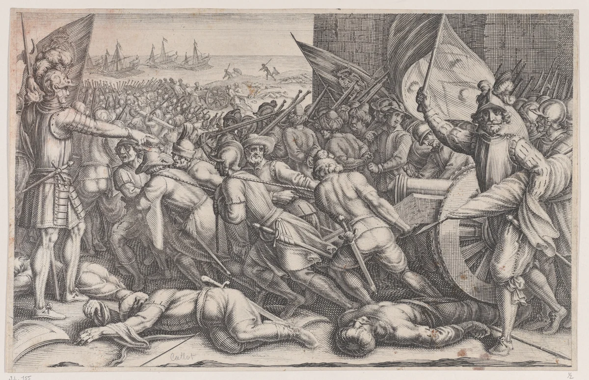 Rembarquement des Troupes (Embarkation of Troops), from "La Vie de Ferdinand Ier de Médicis série appelée aussi Les Batailles des Médicis" (The Life of Ferdinand I de'Medici also called The Medici Battles) by Jacques Callot, print, 1614-1620