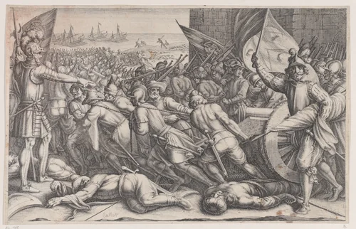 Rembarquement des Troupes (Embarkation of Troops), from "La Vie de Ferdinand Ier de Médicis série appelée aussi Les Batailles des Médicis" (The Life of Ferdinand I de'Medici also called The Medici Battles) by Jacques Callot, print, 1614-1620