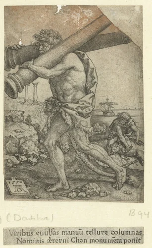 Hercules draagt de zuilen by Unknown, print, 1550