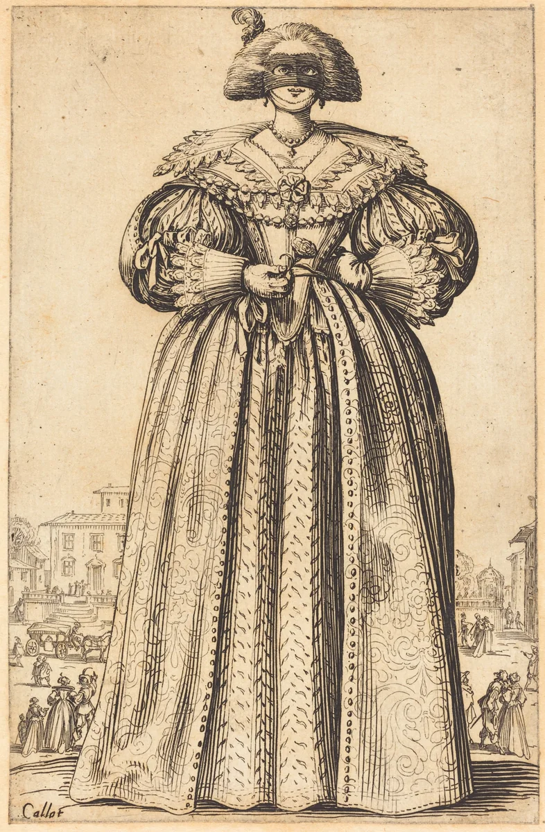 Masked Noble Woman by Jacques Callot, print, 1620-1623
