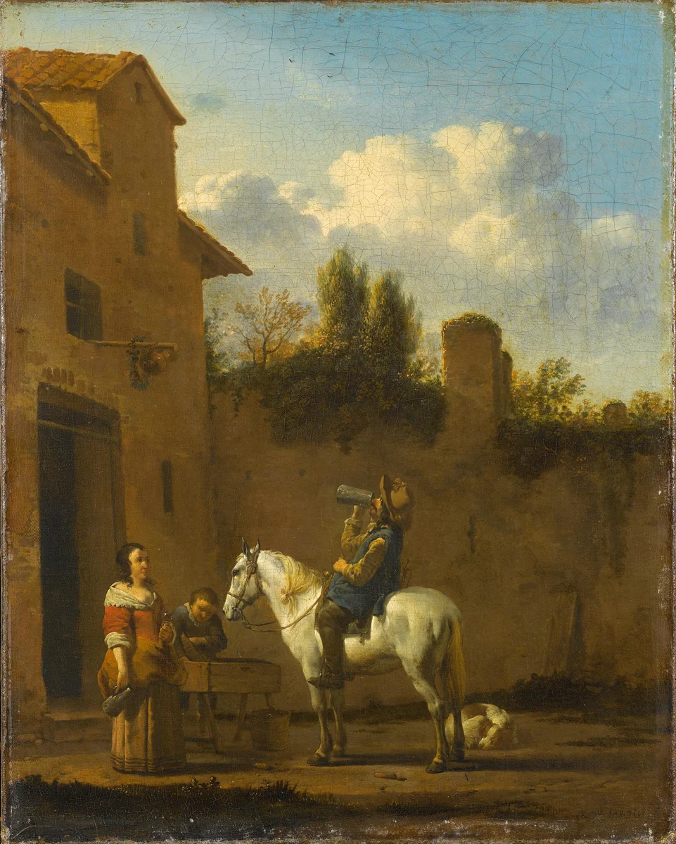 Drinkende trompetter te paard by Karel du Jardin, painting, 1650-1660