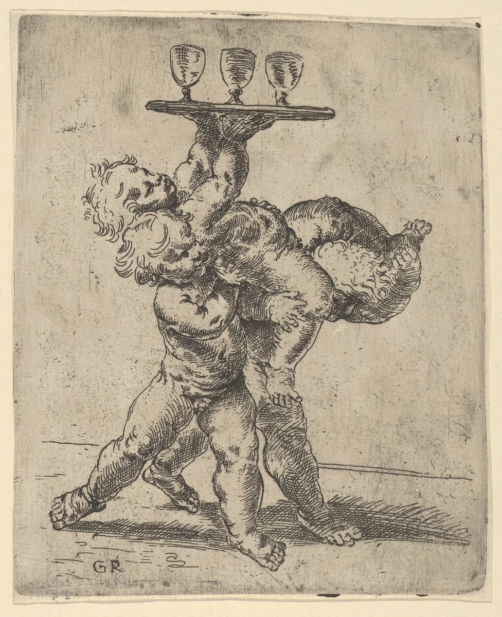 Two naked boys carrying a third who supports a tray with three goblets by anonymous, print, 1595-1645