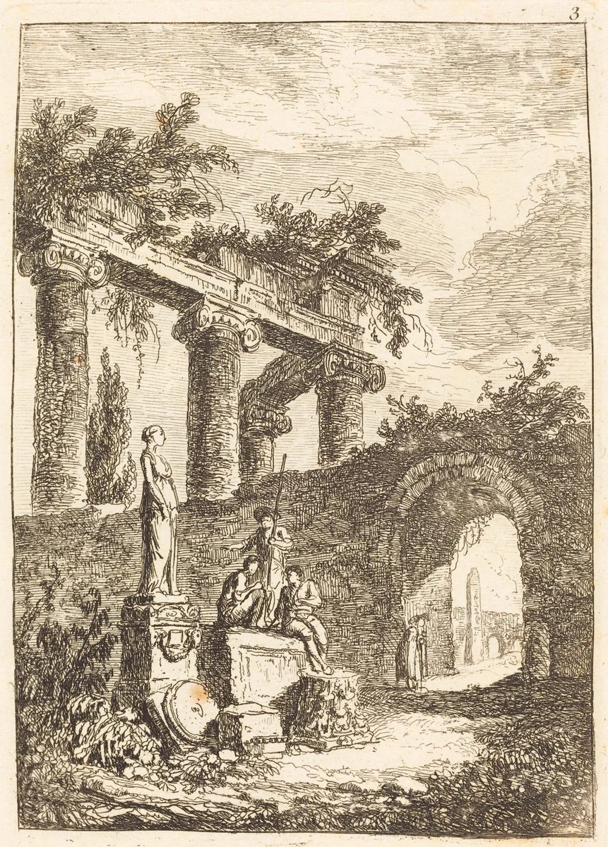 The Statue before the Ruins by Hubert Robert, print, 1733-1808