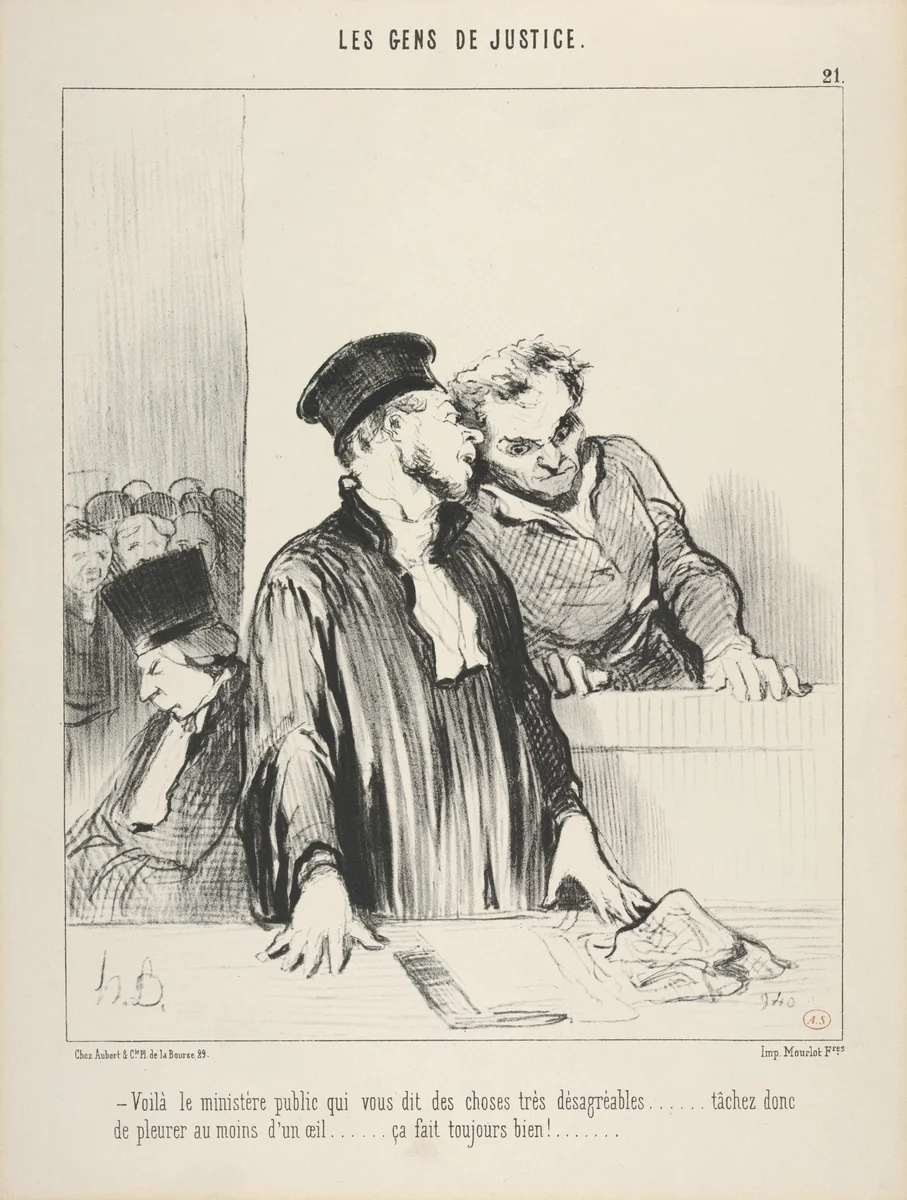 Le Gens de Justice, Plate 21, "Voila le ministere public qui vous dit des choses tres desagreeables" by Honoré Daumier, print, 1846